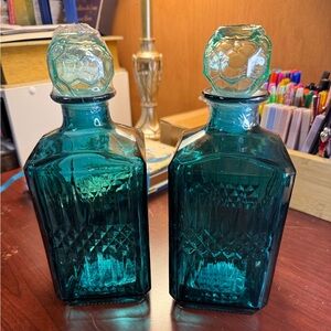 Set of Two Teal Glass Decanters